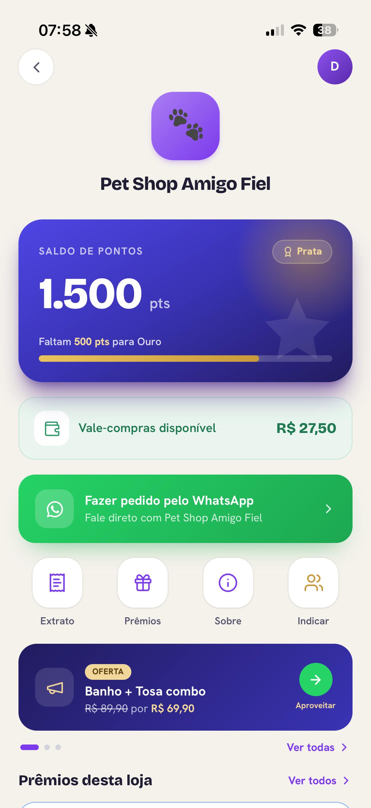 App da Cátiva mostrando saldo de pontos, vale-compras e ofertas de uma loja